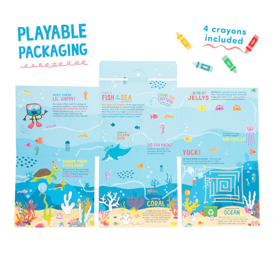 Embalagem do produto GloPals Animais antiderrapantes, mostrando o design e os materiais reciclados.