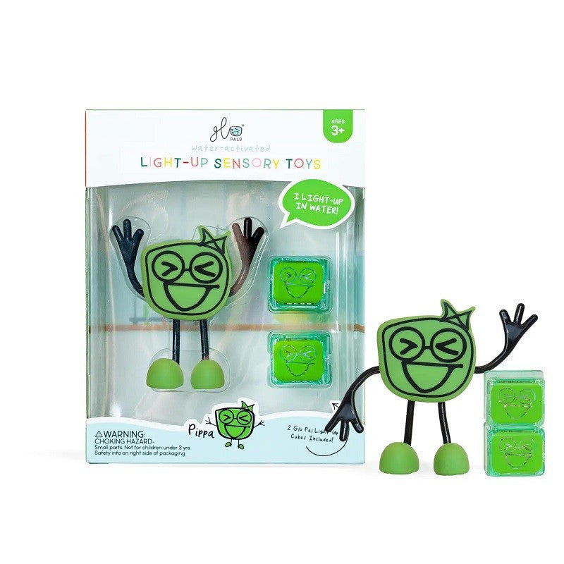 Conjunto GloPals Pippa (verde) com boneco e cubos de luz fora e dentro da embalagem, destacando o tema verde.