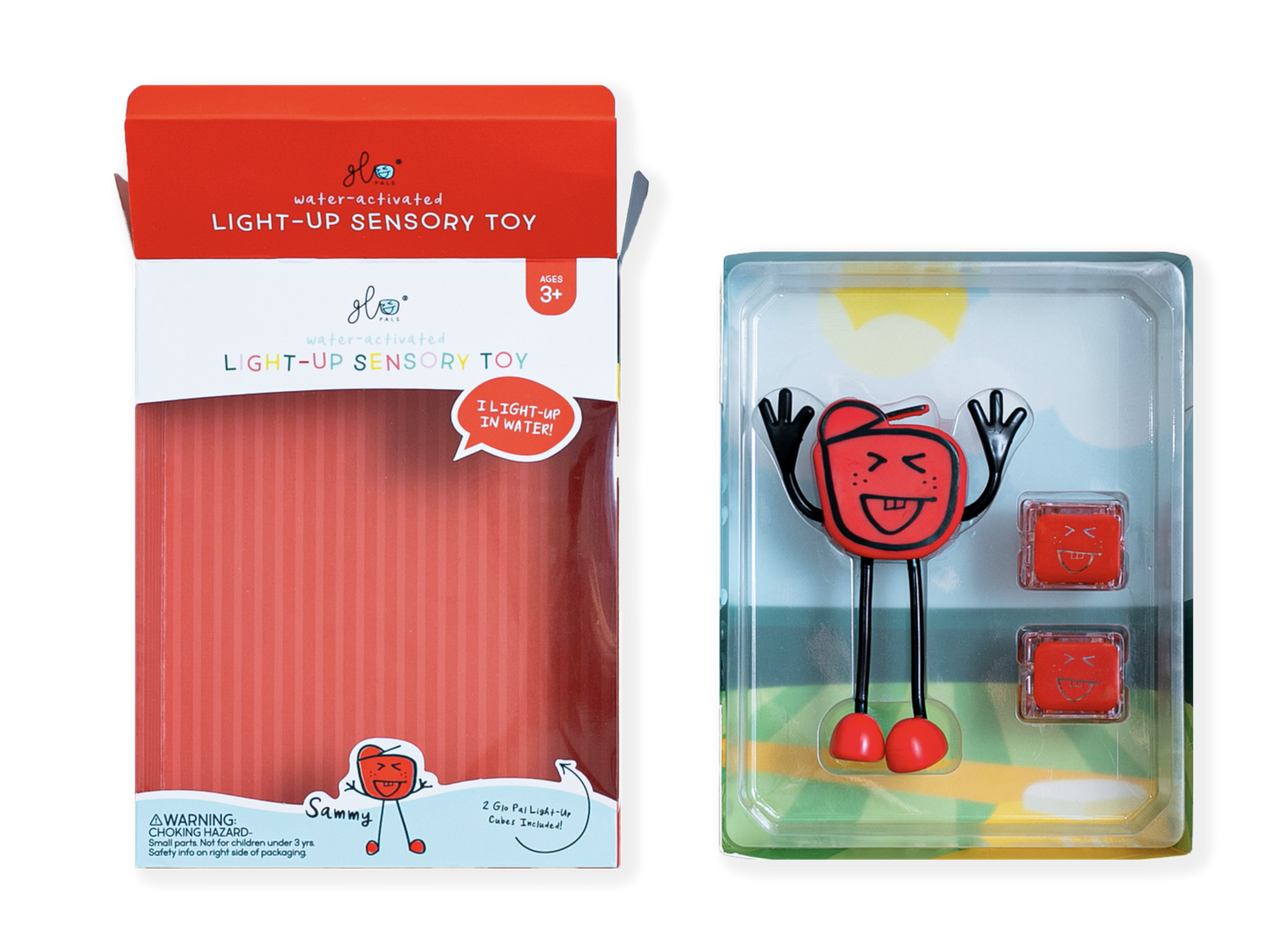 Embalagem e boneco GloPals Sammy vermelho, brinquedo sensorial luminoso ativado por água para crianças.