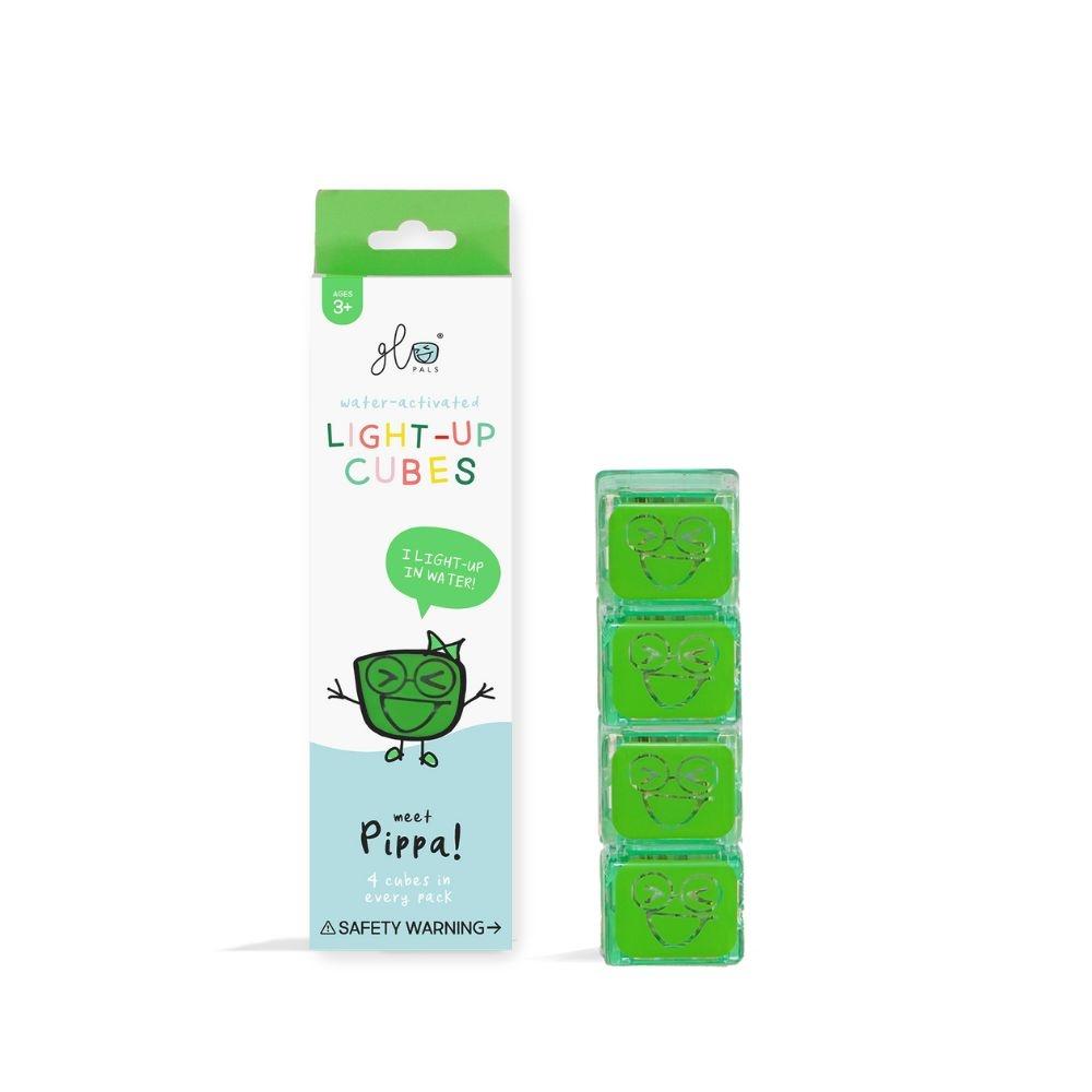 Embalagem verde dos GloPals Cubos de Luz com o personagem Pippa, mostrando os quatro cubos no interior.