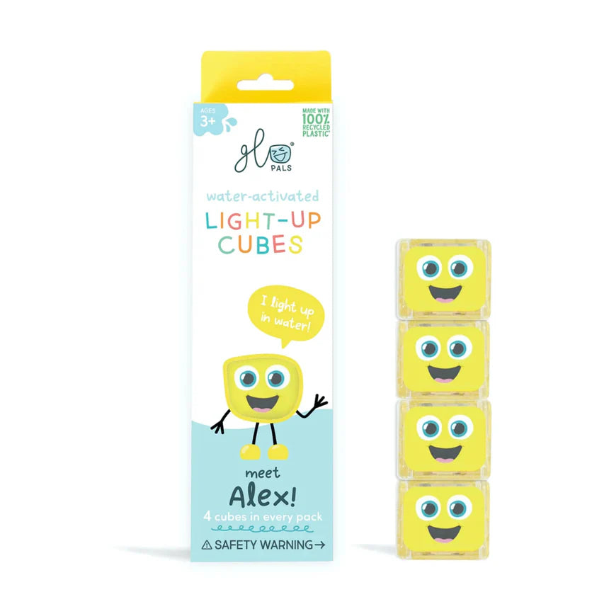 Embalagem dos GloPals Cubos de Luz para água, mostrando 4 cubos amarelos "Alex" empilhados ao lado da caixa com o personagem e indicação de ativação por água.