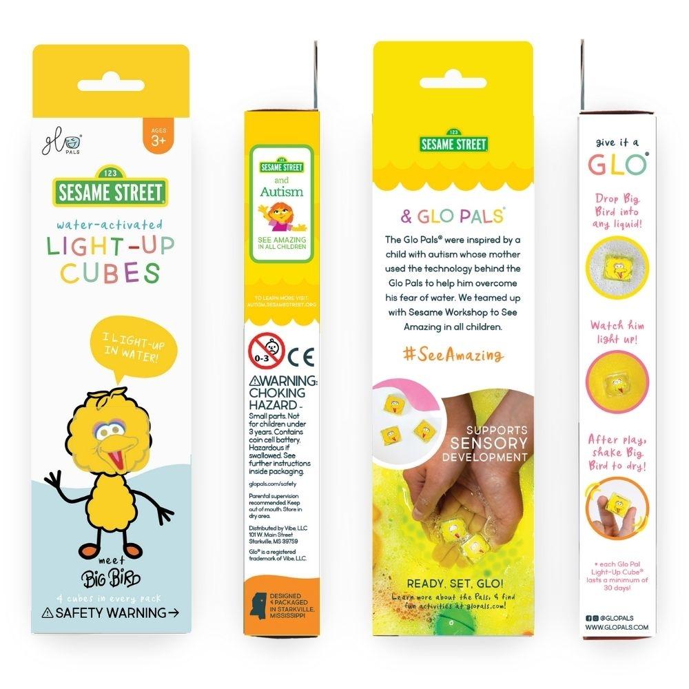 Embalagem dos GloPals Cubos de Luz para água 4unid Poupas (Rua Sésamo), mostrando frente, lado e verso com detalhes do produto.