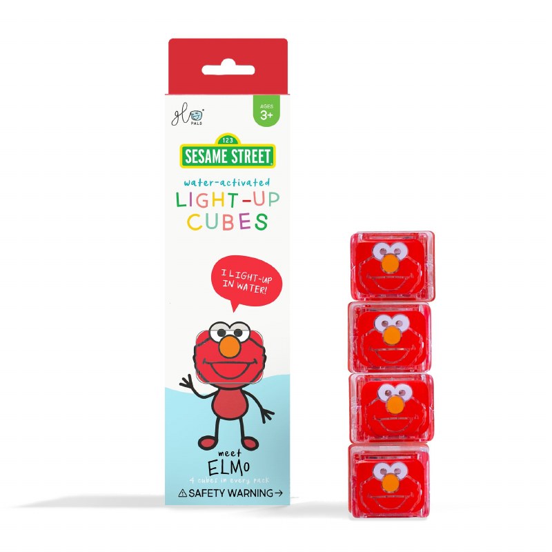 Embalagem e 4 cubos de luz GloPals vermelhos com Elmo da Rua Sésamo. Brinquedo ativado pela água.