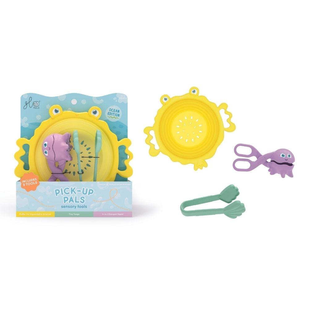 Conjunto GloPals Ferramentas Sensoriais para brincar, inclui filtro, pinças e colher.