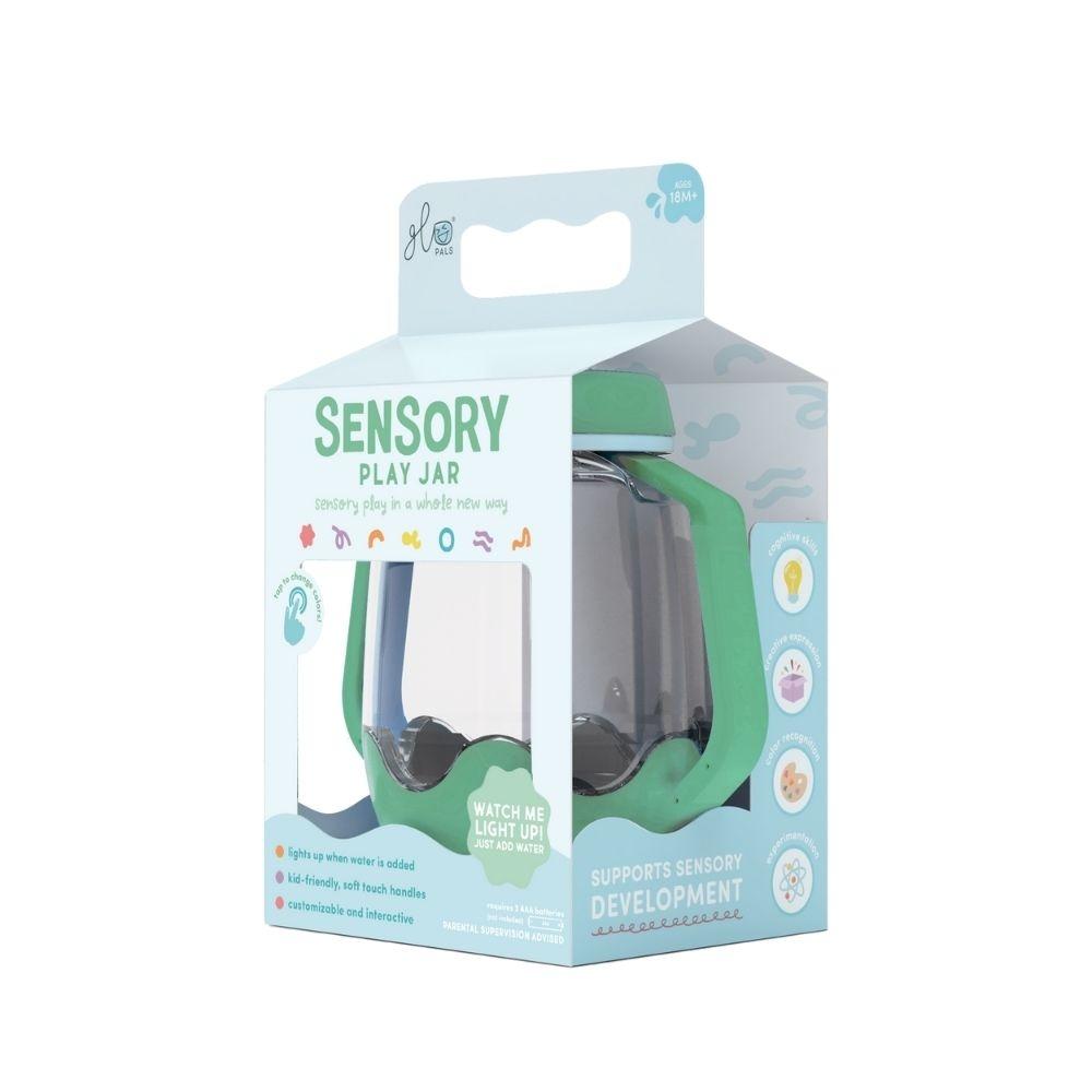 Embalagem do GloPals Jarro da Calma Sensorial na cor verde, mostrando o design interativo e as pegas ergonómicas.