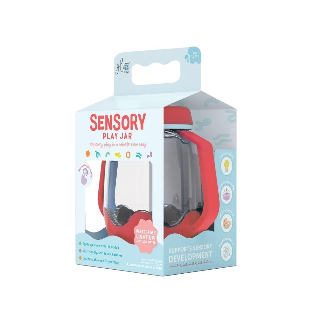Embalagem do GloPals Jarro da Calma Sensorial na cor vermelha, destacando as luzes e o desenvolvimento sensorial.