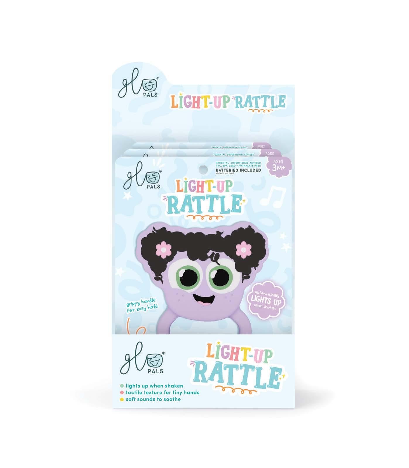Embalagem do GloPals Mordedor & Guizo com luz Lilás, exibindo o brinquedo e destacando a luz ativada por movimento, pega ergonómica e idade 3M+.