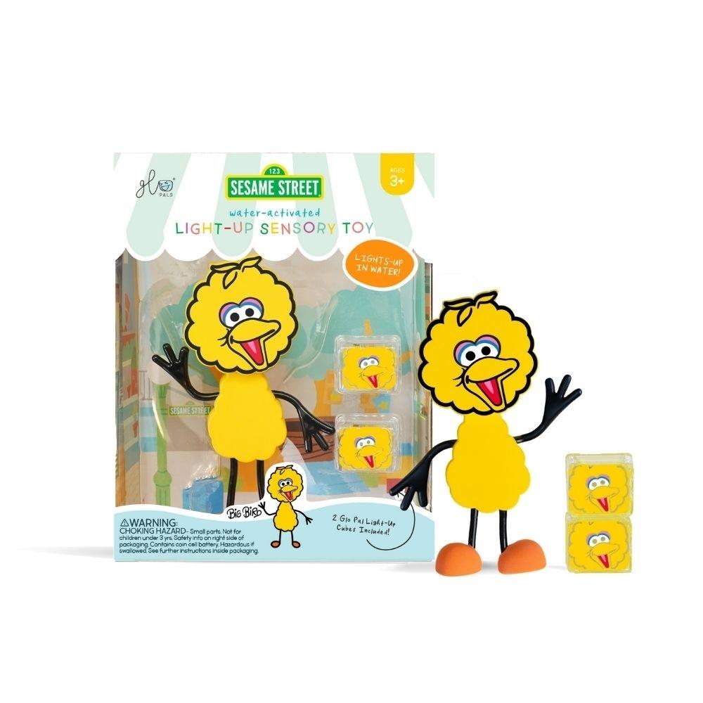 Conjunto GloPals Poupas Rua Sésamo com boneco e 2 cubos de luz na embalagem, mostrando o brinquedo separado ao lado.