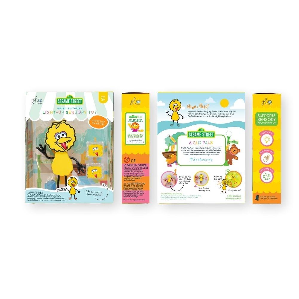 Embalagem do Conjunto GloPals Poupas Rua Sésamo, mostrando frente, verso e lados com informações sobre o brinquedo sensorial e ativação na água.