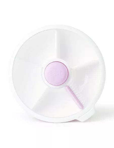 Lancheira GoBe Snack Spin branca com botão central lilás, vista de cima, destacando o mecanismo de rotação dos compartimentos.