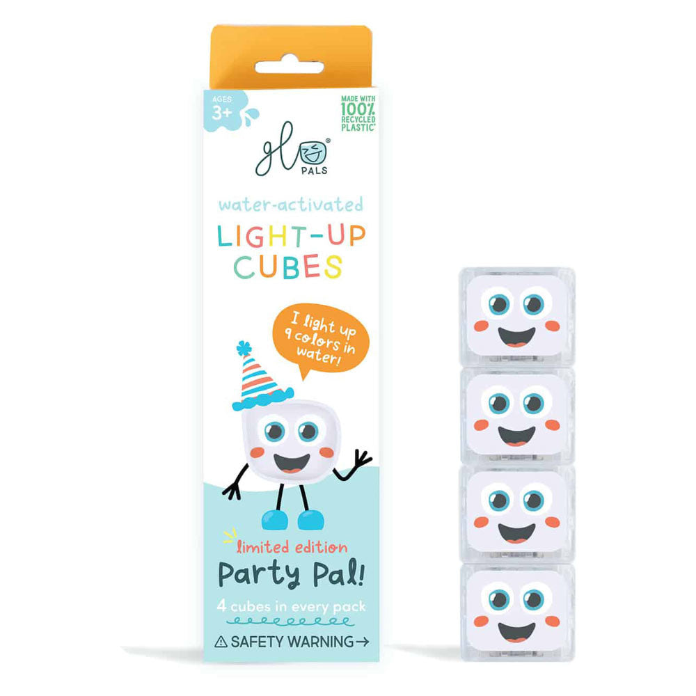 Embalagem dos GloPals Party Pal! com 4 cubos de luz ativados por água, indicando idade 3+ e material 100% reciclado.