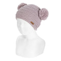Imagem de um gorro Condor em cor MadrePerl (cinza perolado) com dois pompons, exibido num manequim de bebé.