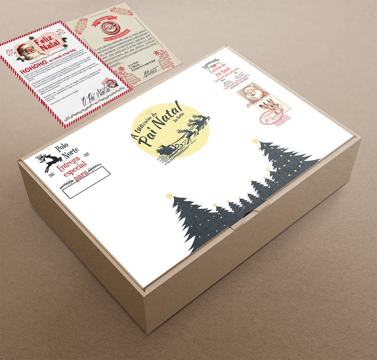 Caixa de cartão da Gotu Box de Natal com personalização temática do Pai Natal, incluindo renas, árvores e selos postais mágicos.