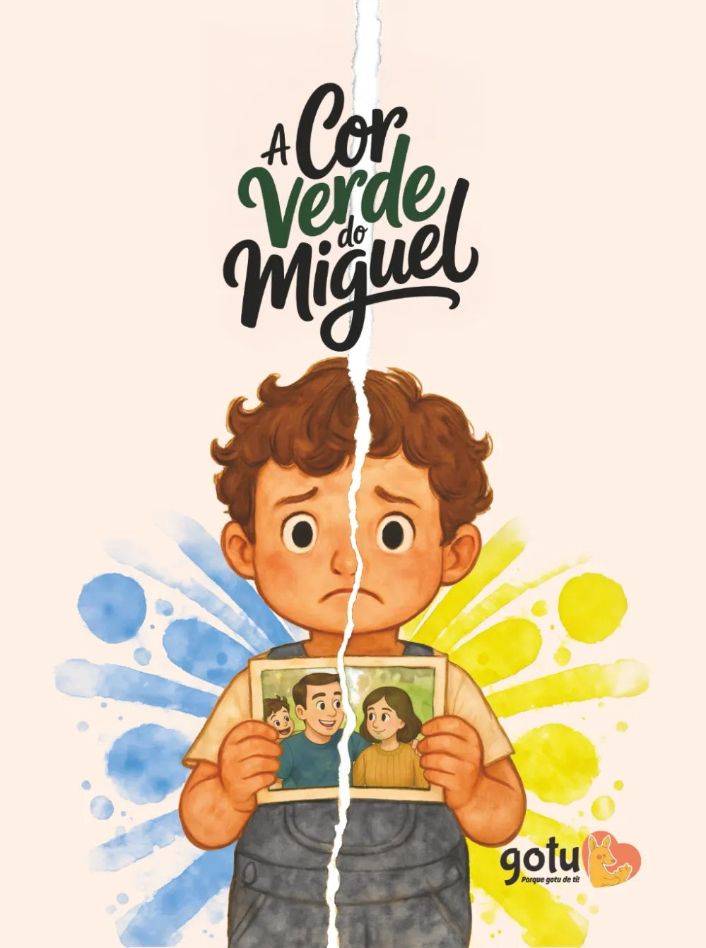 Capa do livro infantil "A Cor Verde do Miguel" mostrando um rapaz triste com uma foto partida dos pais, rodeado por aguarelas azul e amarela.