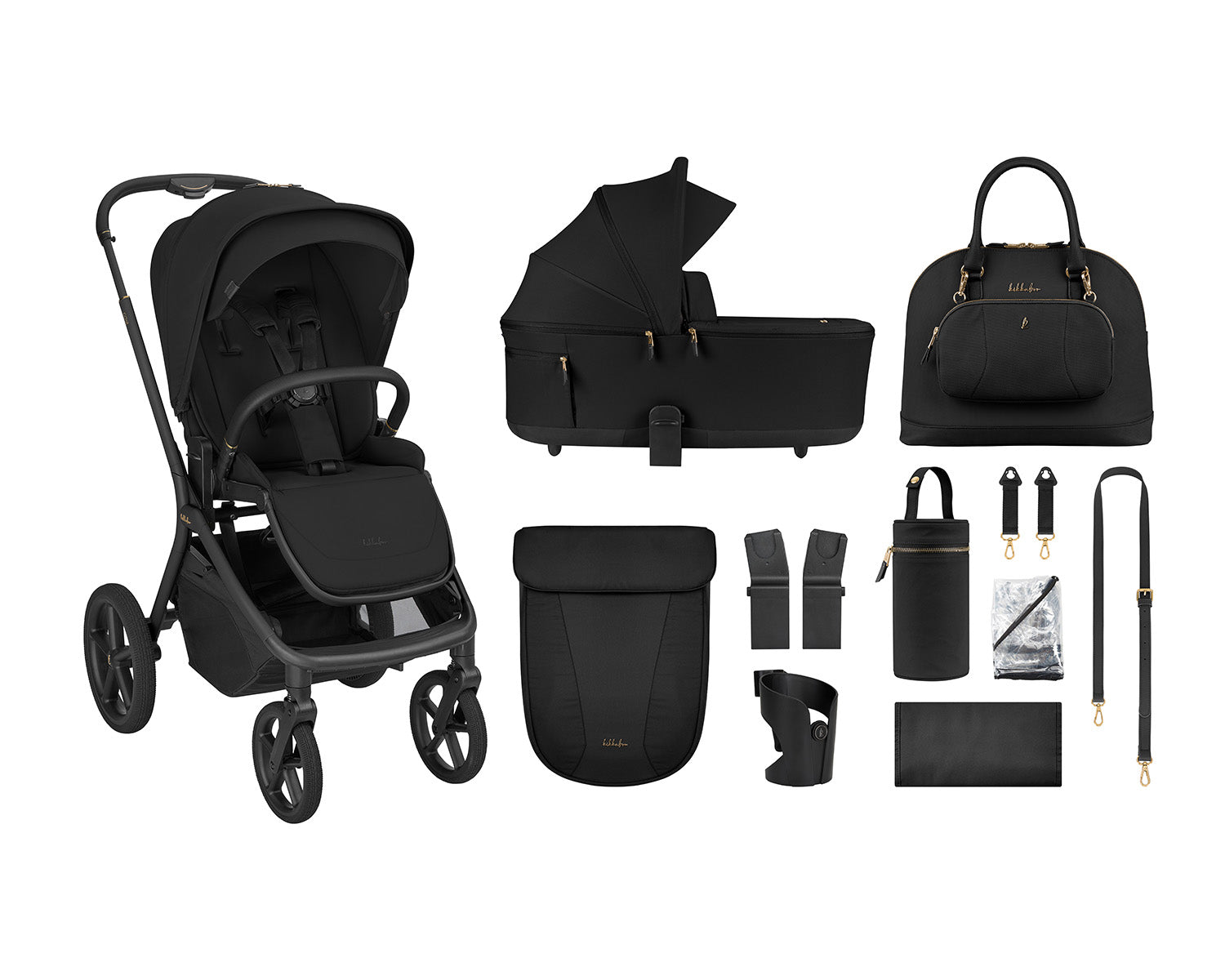 Conjunto completo do carrinho 2 em 1 Goya Platinum KikkaBoo preto, mostrando chassis, capazo, bolsa de maternidade e acessórios.