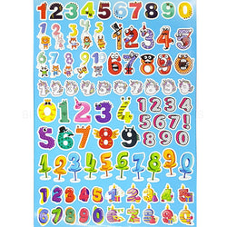 Folha de autocolantes com números de 0 a 9 em múltiplos estilos, cores e decorações temáticas de festa, para personalização de idades.