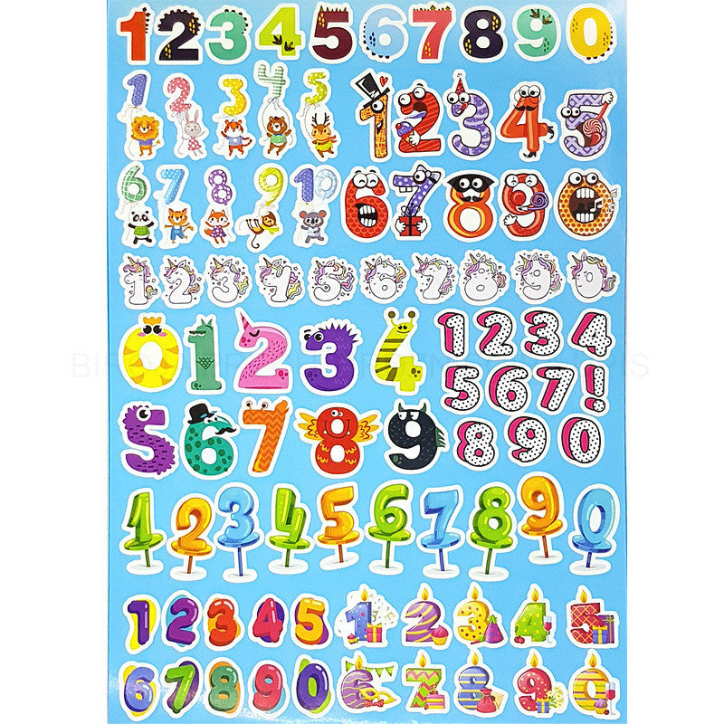Folha de autocolantes com números de 0 a 9 em múltiplos estilos, cores e decorações temáticas de festa, para personalização de idades.
