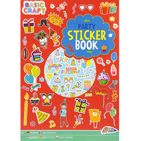 Capa do livro de autocolantes Grafix "Party Sticker Book" em fundo vermelho, com ilustrações de festa e o título centralizado.