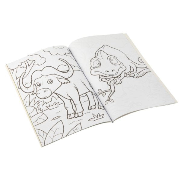 Duas páginas abertas de um livro de colorir Grafix, mostrando um desenho de um búfalo e outro de um camaleão/lagarto em estilo cartoon.