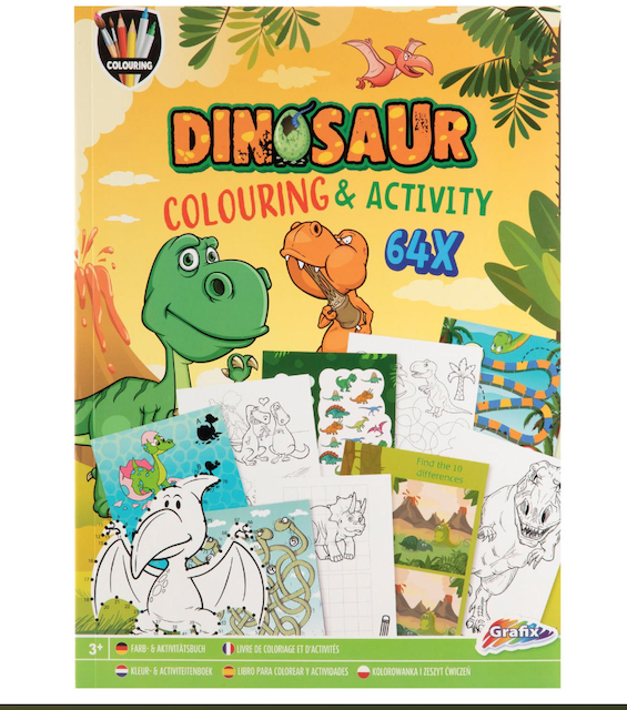 Capa do livro Grafix "Dinosaur Colouring & Activity 64X", com dinossauros amigáveis, vulcão e amostras de atividades.