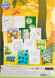 Verso do livro Grafix de atividades de dinossauros, exibindo várias amostras de desenhos para colorir e jogos.