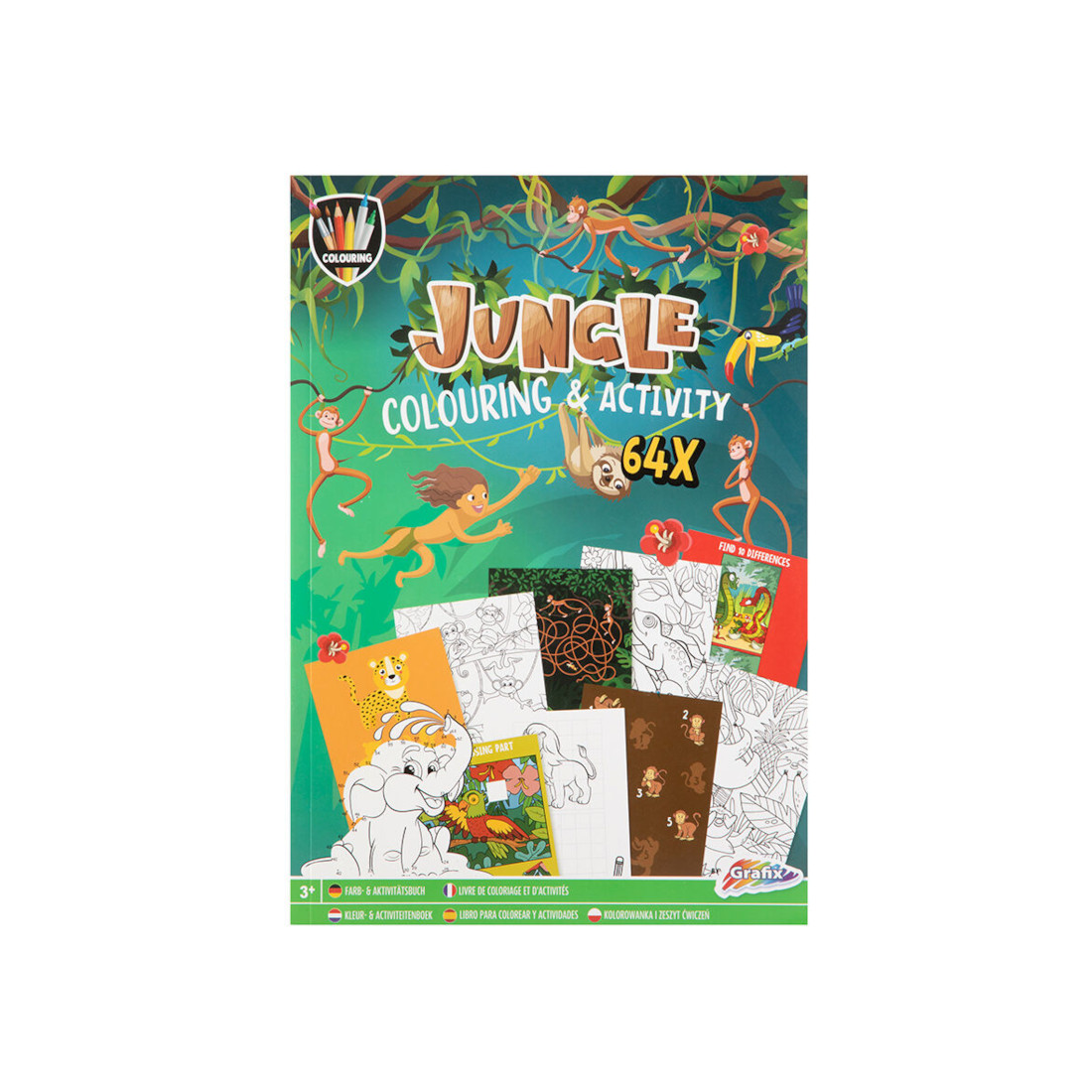 Capa do livro Grafix "Jungle Colouring & Activity 64X", com macacos, preguiça e elementos da selva, mostrando amostras de páginas interiores.