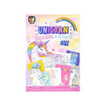 Capa do livro de colorir e atividades Grafix "Unicorn Colouring & Activity 64X" com um unicórnio sorridente, arco-íris e amostras de páginas interiores.