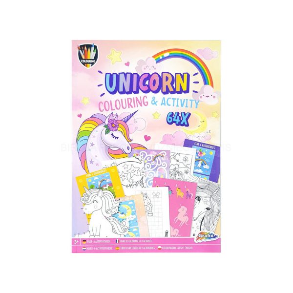 Capa do livro de colorir e atividades Grafix "Unicorn Colouring & Activity 64X" com um unicórnio sorridente, arco-íris e amostras de páginas interiores.