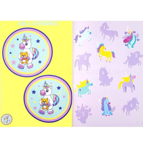 Atividade "Encontrar e Comparar" com dois círculos idênticos de um unicórnio e uma grelha de unicórnios coloridos e silhuetas para correspondência.