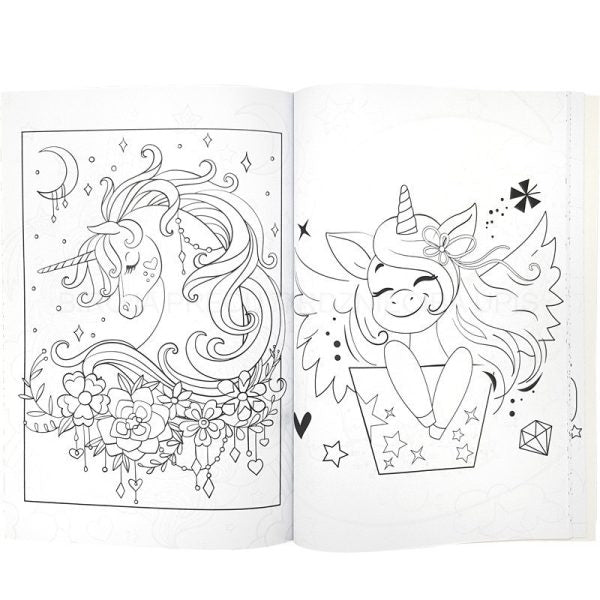 Duas ilustrações detalhadas para colorir: um unicórnio majestoso com flores e outro unicórnio sorridente dentro de um recipiente.