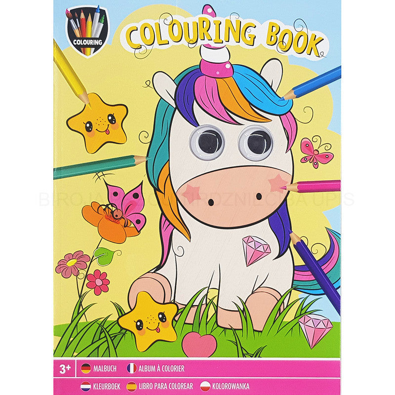 Capa do livro de colorir Grafix com um unicórnio fofo de olhos móveis 3D, rodeado de estrelas sorridentes e lápis de cor. Indica 3+.