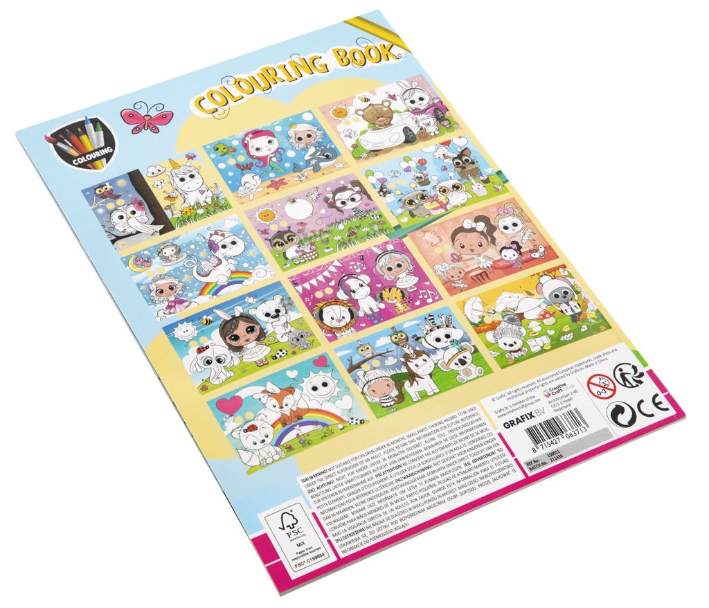 Verso do livro de colorir Grafix, exibindo 12 miniaturas de desenhos interiores com animais e personagens para colorir, e informações de segurança.