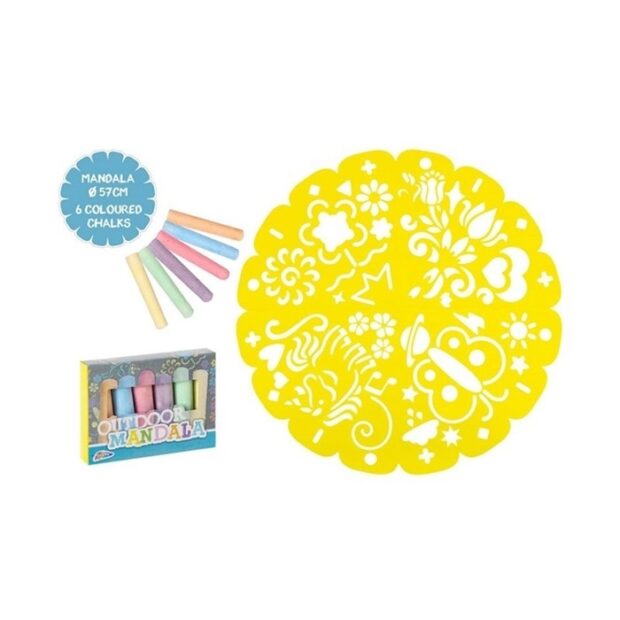 Componentes do kit Grafix Outdoor Mandala: estêncil amarelo de 57cm, 6 gizes coloridos e a embalagem do produto.