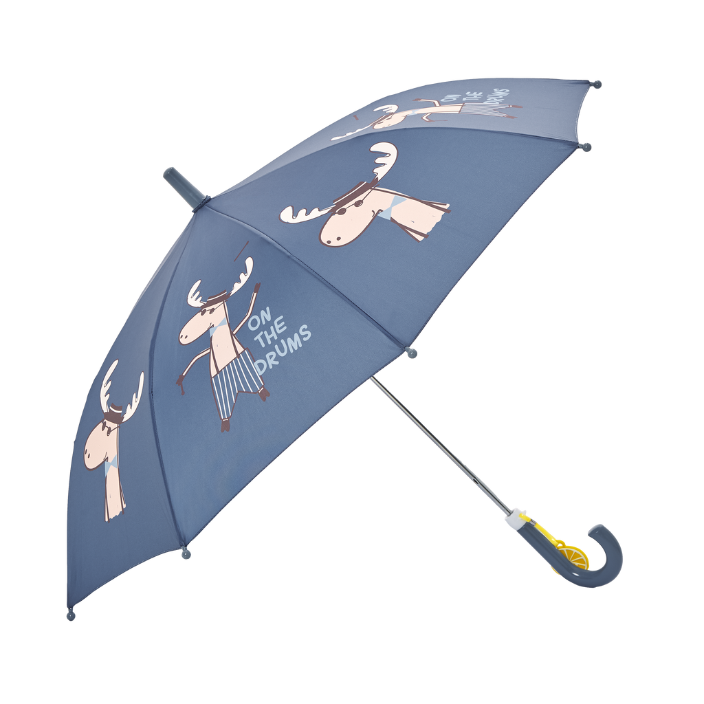 Guarda-chuva infantil Waterlemon Alce Musical azul escuro aberto, com padrão de alces a tocar bateria e pendente de limão na pega.
