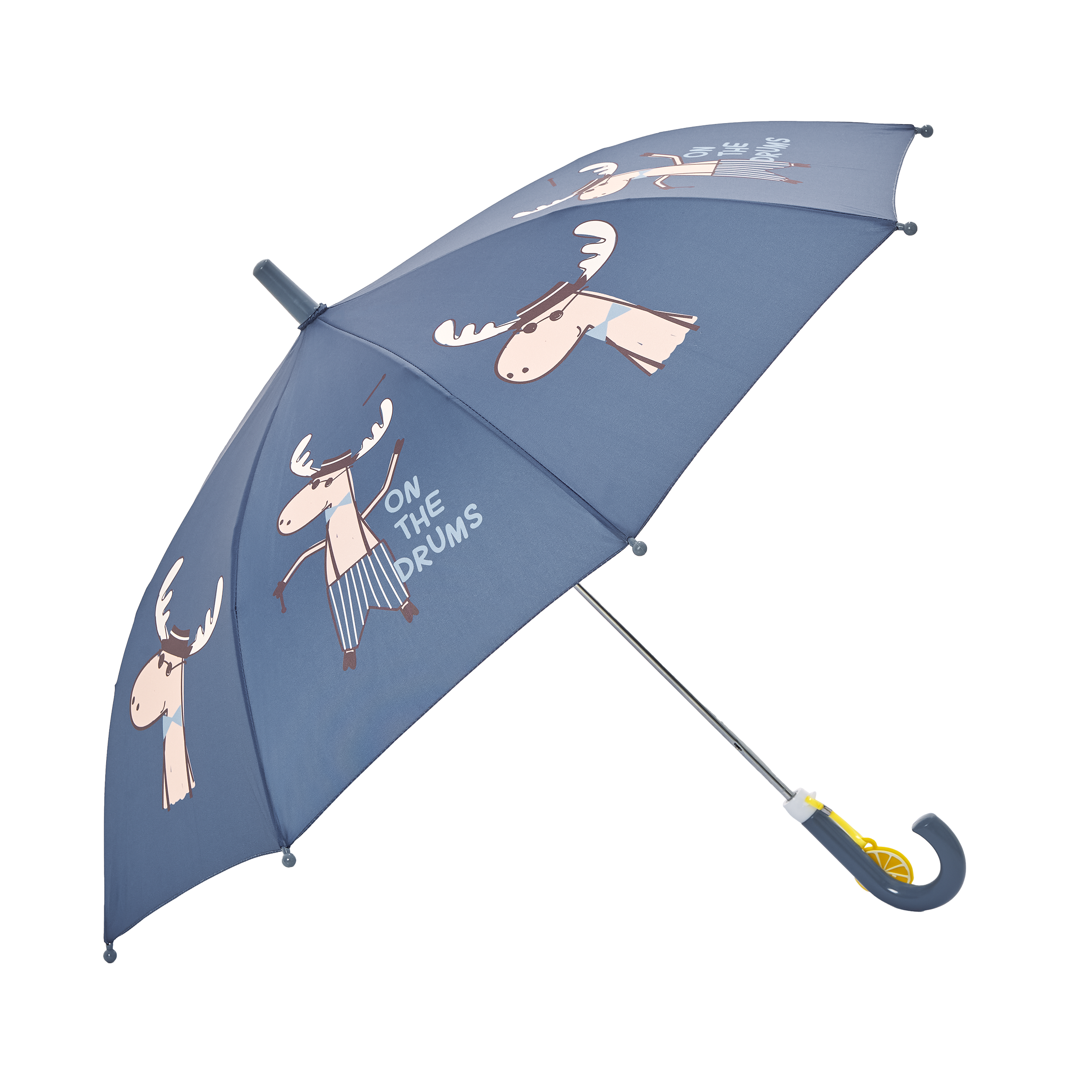 Guarda-chuva infantil Waterlemon Alce Musical azul escuro aberto, com padrão de alces a tocar bateria e pendente de limão na pega.