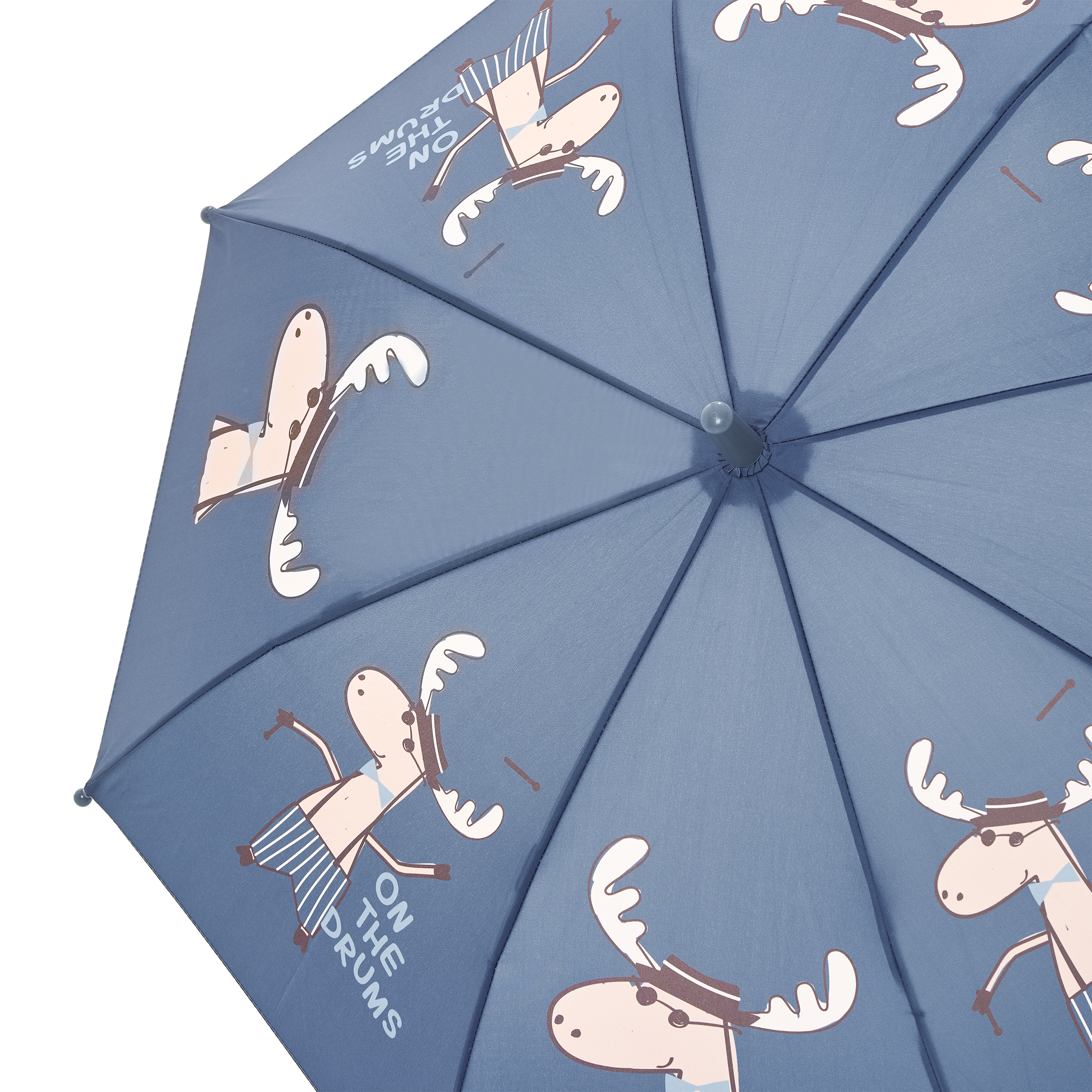 Detalhe do tecido azul do guarda-chuva com estampas repetidas de alces estilizados a tocar bateria e a inscrição "ON THE DRUMS".