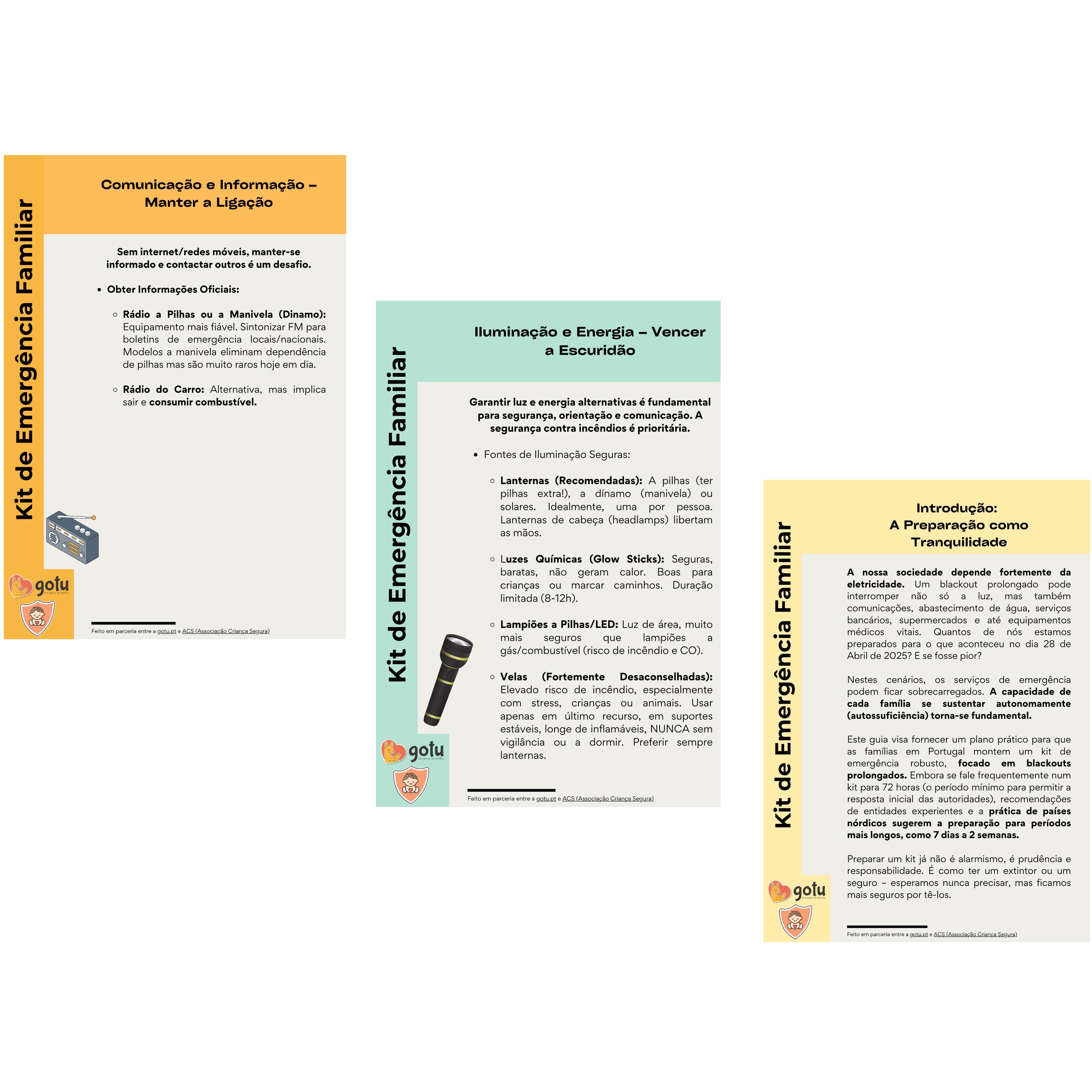 Detalhe do Guia Digital sobre Iluminação, Comunicação e Introdução à Preparação para Blackouts, mostrando ícones de lanternas e rádios.