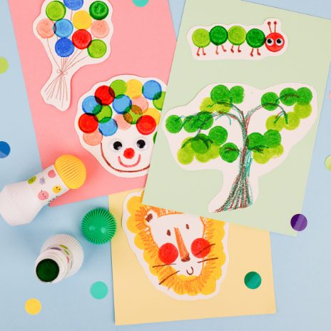 Haku Yoka 5 dot markers com exemplos de arte infantil colorida: palhaço, lagarta, árvore, leão.