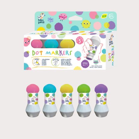 Conjunto Haku Yoka 5 dot markers com caixa e 5 marcadores coloridos. Tinta lavável, seguro para crianças.