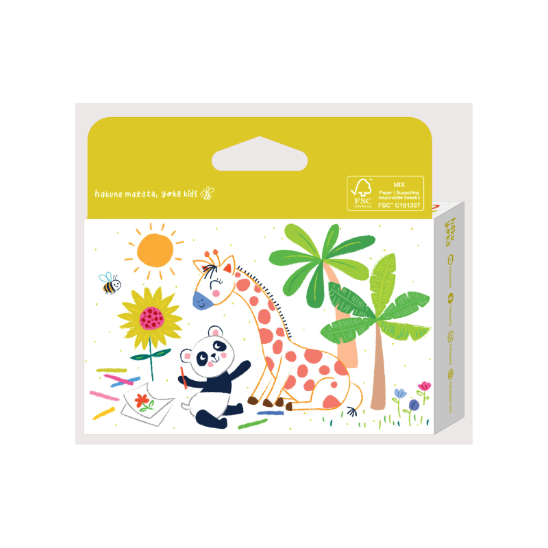 Parte de trás da embalagem de 24 lápis HAKU YOKA, com ilustração de panda, girafa, sol e palmeiras, e certificação FSC.
