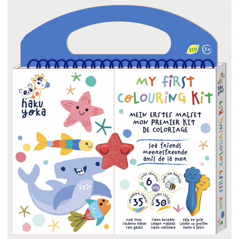 Kit de colorir infantil Haku Yoka com tema de animais marinhos, incluindo lápis de cera, autocolantes e folhas para colorir.