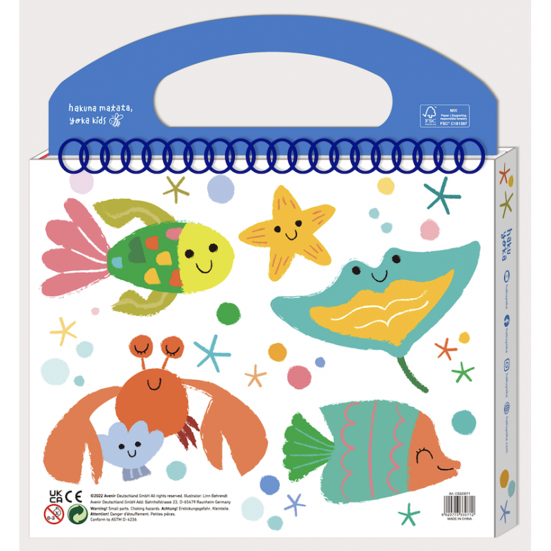 Kit de colorir infantil Haku Yoka com tema de animais marinhos, incluindo lápis de cera, autocolantes e folhas para colorir.