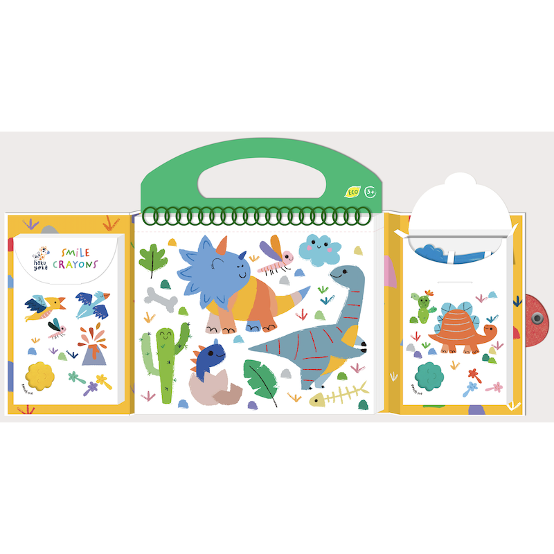Kit de colorir Haku Yoka O meu primeiro Kit de colorir Dinossauros aberto, mostrando os Smile Crayons, folhas para colorir e folha de autocolantes.