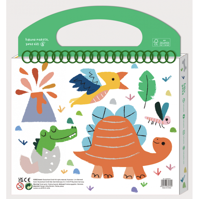 Kit de colorir Haku Yoka O meu primeiro Kit de colorir Dinossauros fechado, vista frontal com ilustrações de dinossauros e conteúdo.
