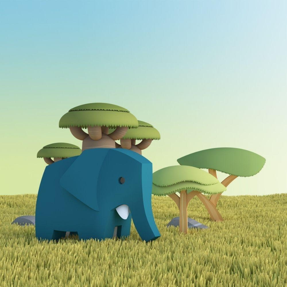 Elefante azul do puzzle Halftoys posicionado no diorama de savana com árvores.