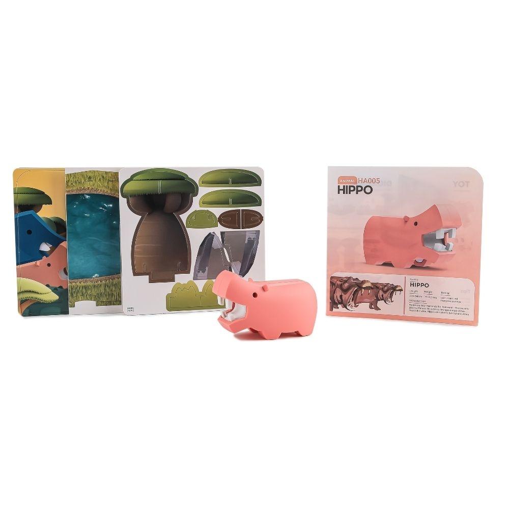 Conteúdo do conjunto Halftoys Hipopótamo: puzzle 3D, peças do diorama e embalagem.