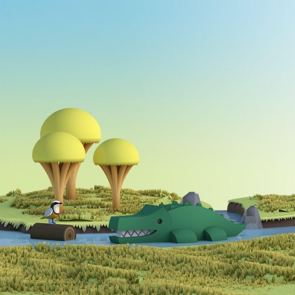Diorama 3D Halftoys com crocodilo verde na água, um pássaro num tronco e árvores de copa amarela na savana.