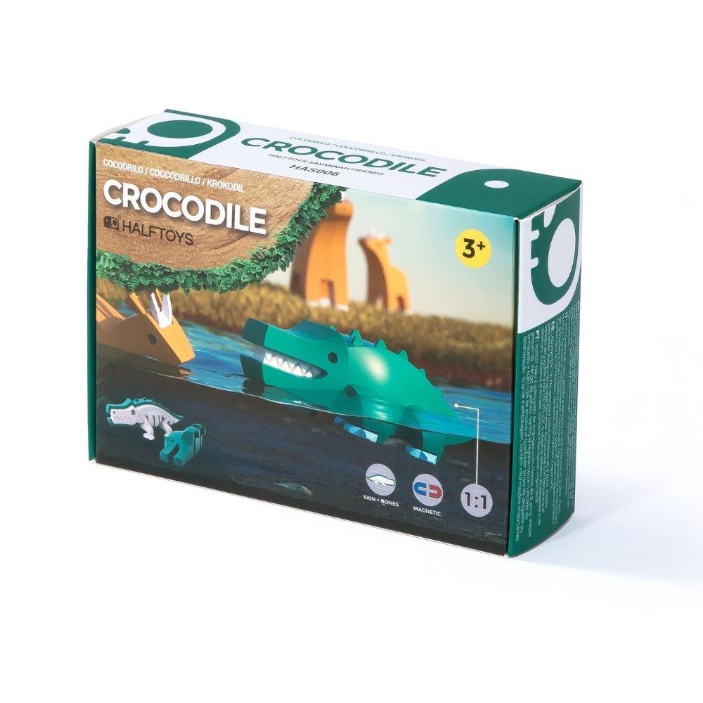 Embalagem do Halftoys Crocodilo, destacando o design e a indicação de idade recomendada (3+).