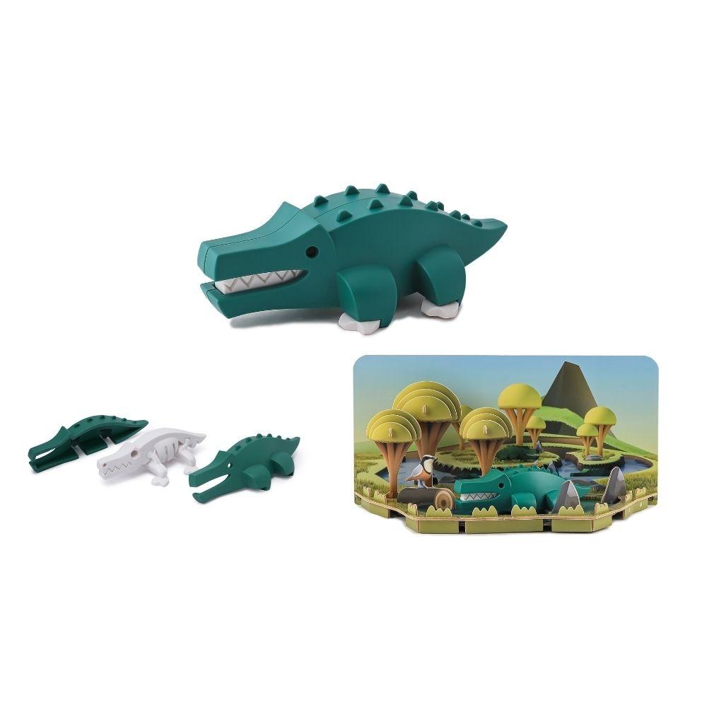 Visão geral do puzzle Halftoys Crocodilo com esqueleto, diorama e figura completa, mostrando as diferentes opções de brincadeira.