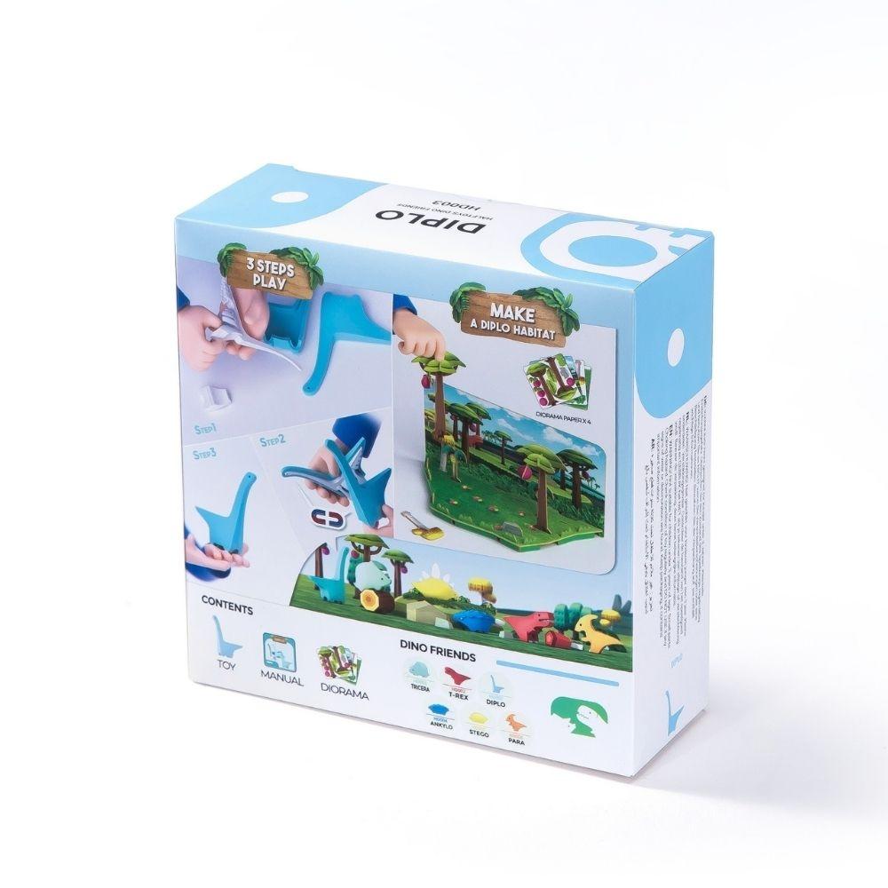 Verso da caixa Halftoys Diplodocus mostrando passos de montagem e conteúdo.